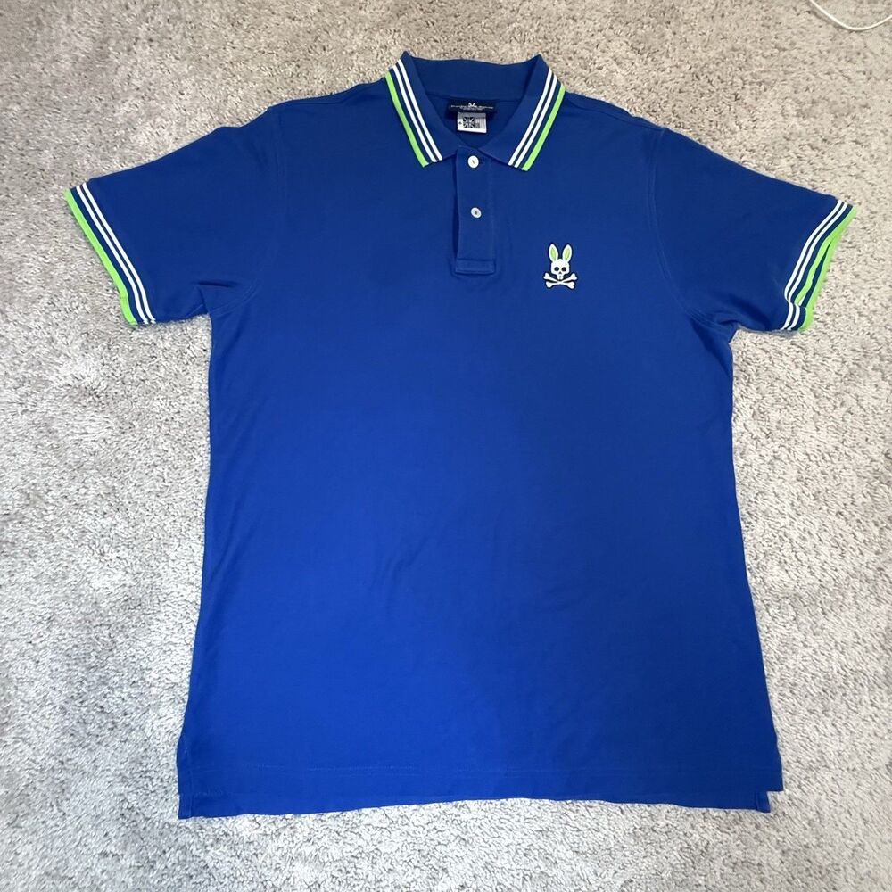 Psycho Bunny Men's Chalton Polo Blue Posen Matte Pique Tipped Logo Polo Size 6